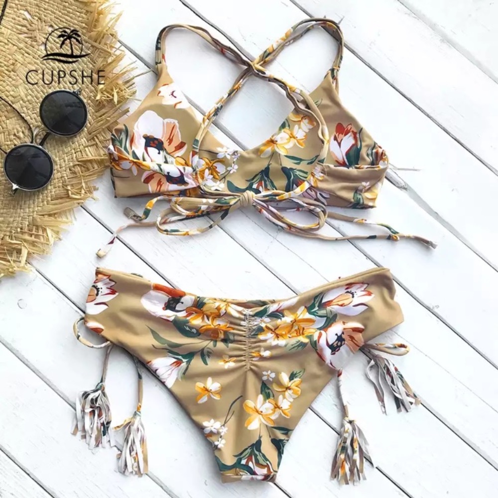 Cupshe Bikini Floral Print Tie Top & Bottoms NWT - Picture 5 of 7